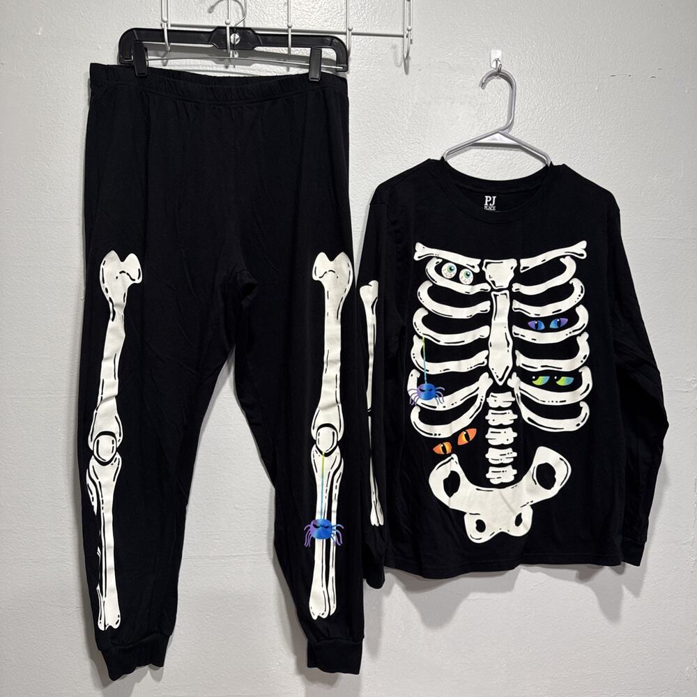 Place 2 Pc Halloween Pajama Set Glow in the Dark Skeleton Pjs Adults L Snug Fit